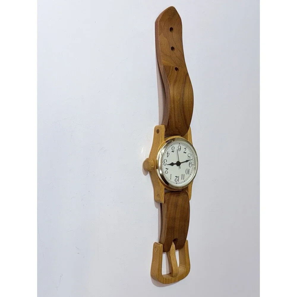 15” Wooden Wrist Watch Shaped Wall Clock Stained Wood Battery Quartz